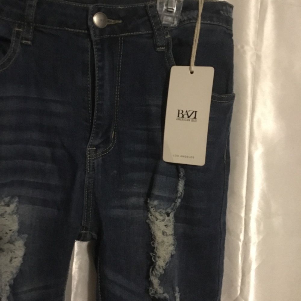 American bazi Medium Wash Whisker Detail High Waist Destroyed Skinny Jeans 9 - Picture 9 of 9